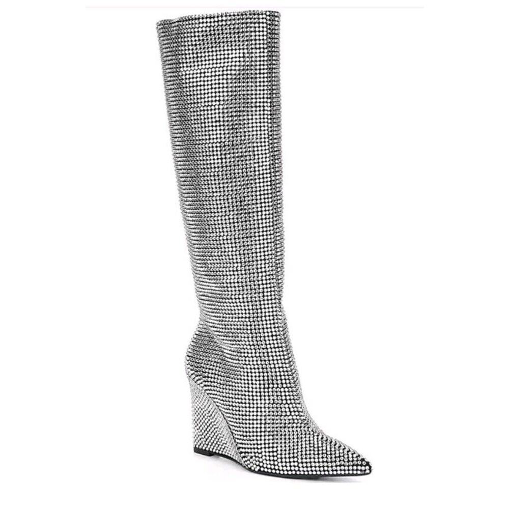 Gianni Bini GaborTwo Rhinestone Pointed Toe Tall Wedge Boots Size 8M